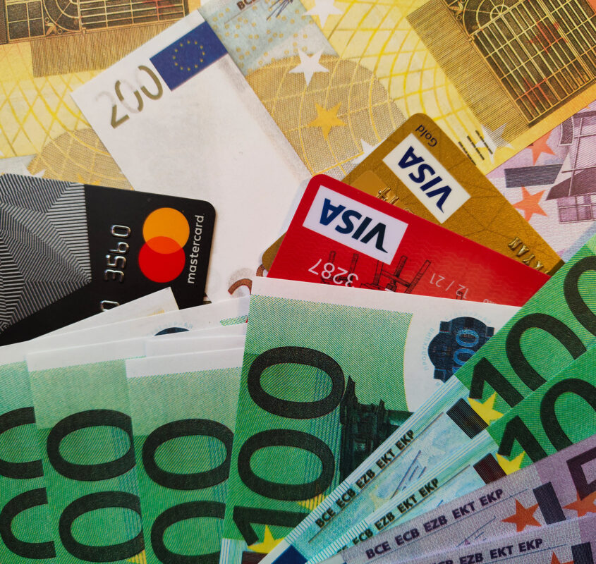Free stock photo for editorial use: Euro paper banknotes and credit cards