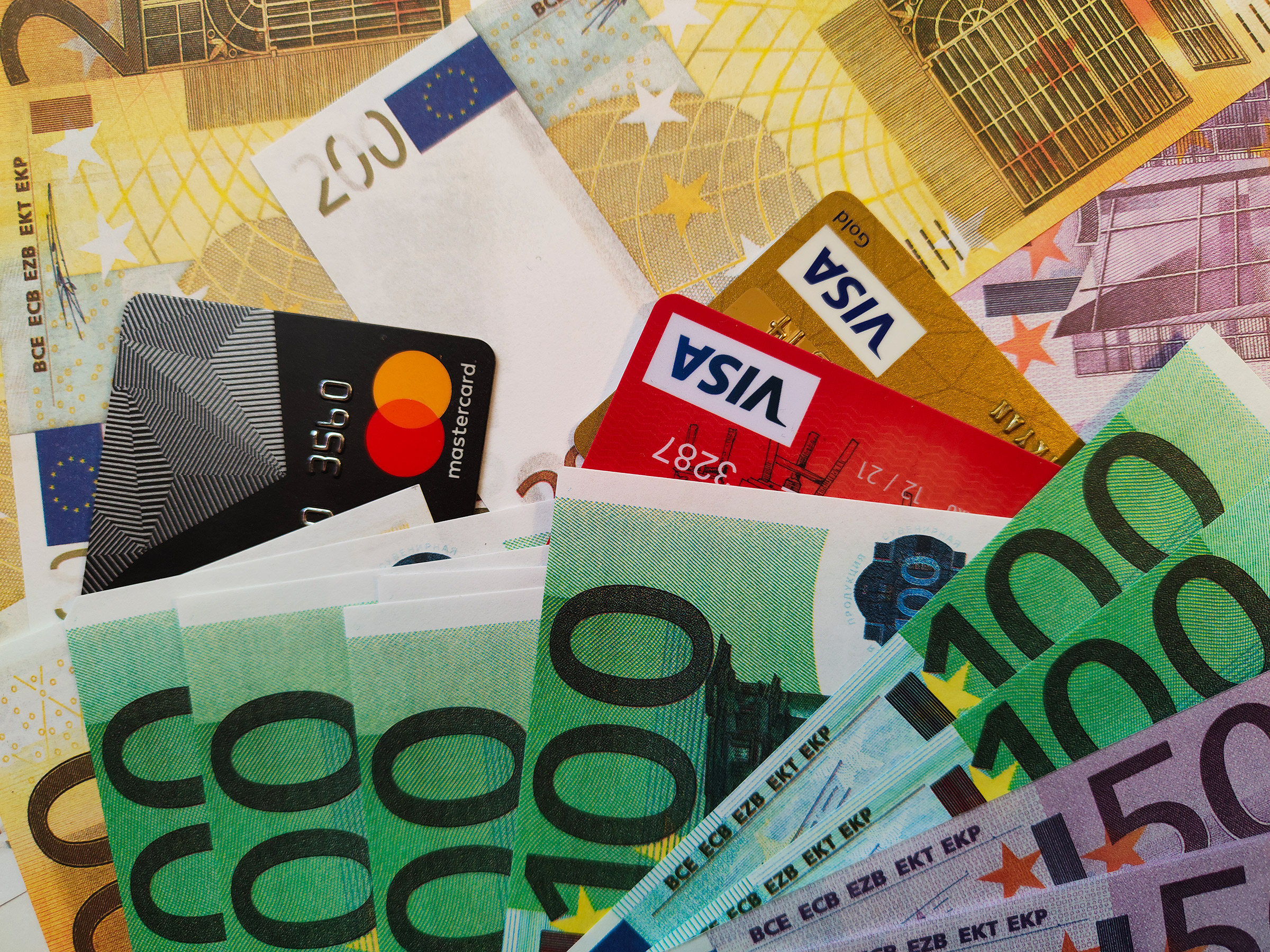Free stock photo for editorial use: Euro paper banknotes and credit cards
