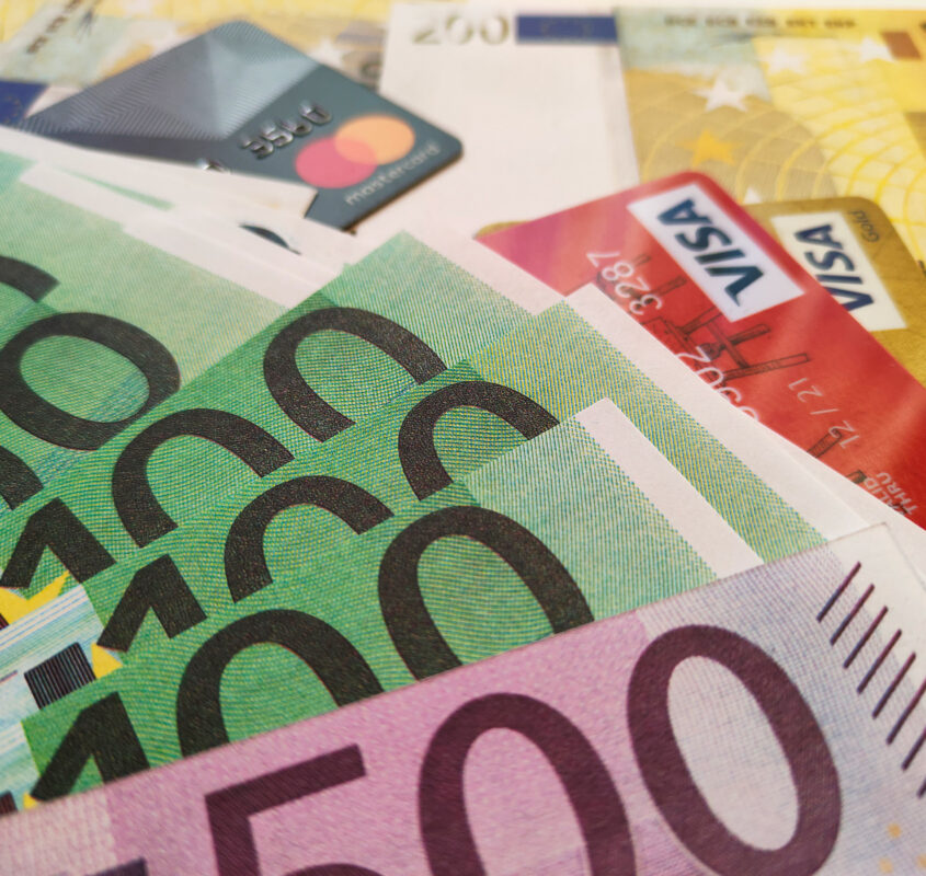 Euro bills paper banknotes and credit cards