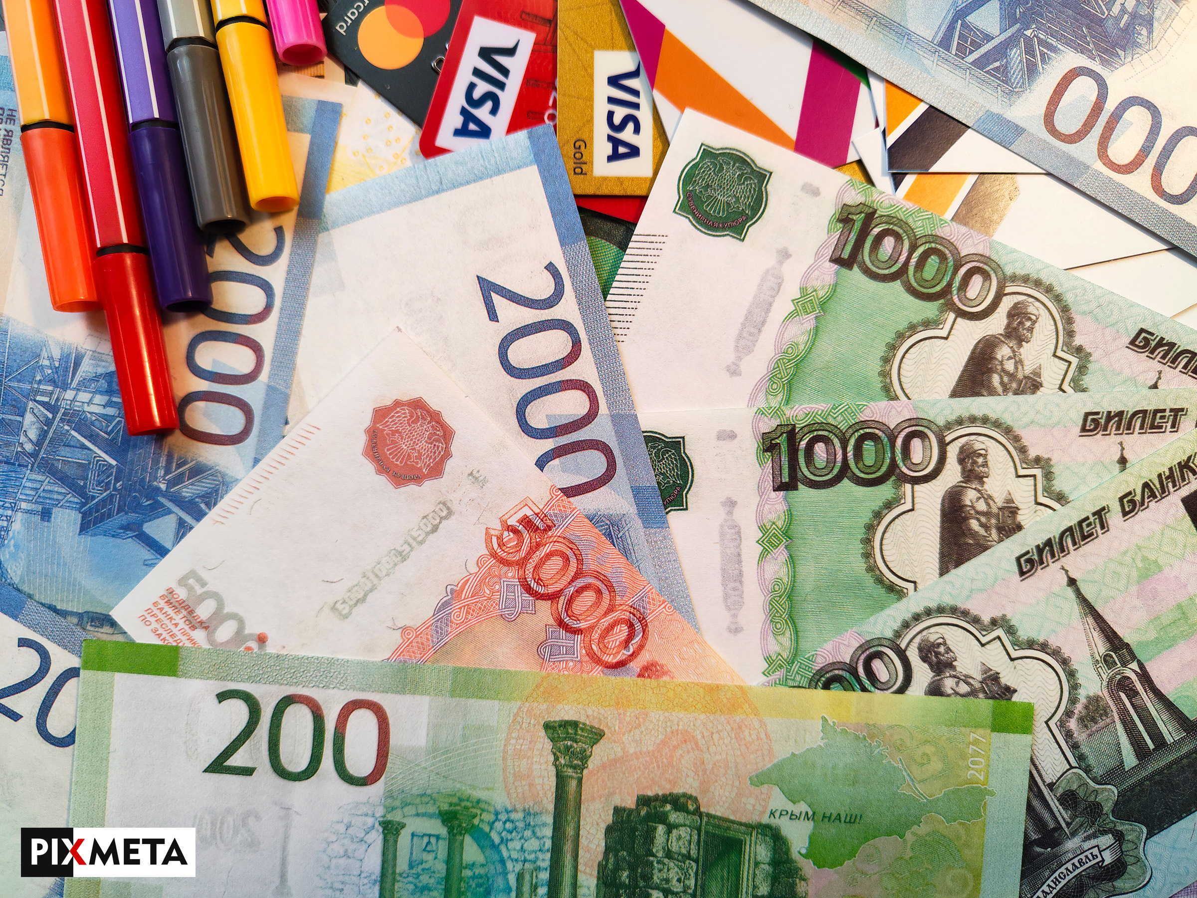 Russian paper banknotes. 1000, 2000 & 5000 RUR Russian Rubli