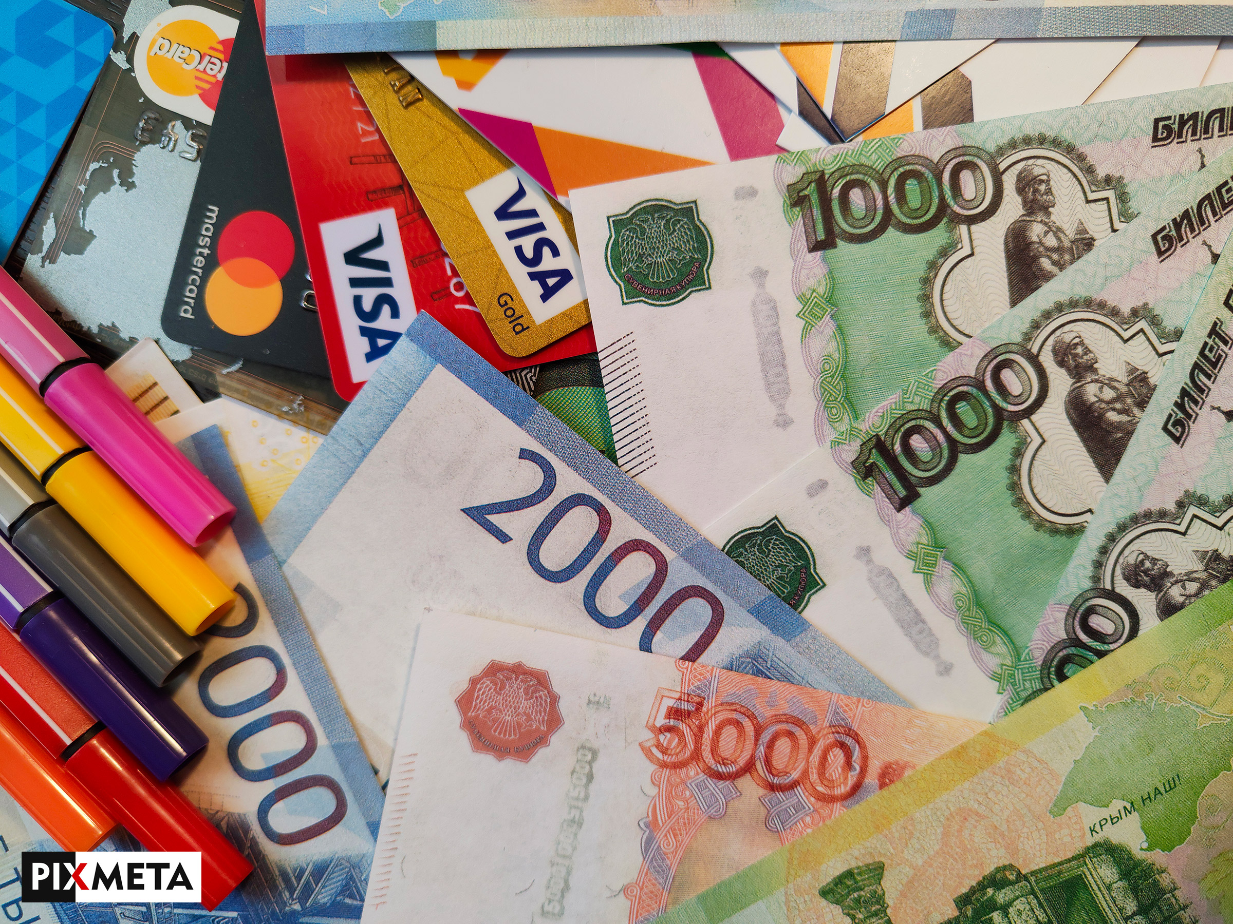 Russian Rouble Rubli paper banknote bills, free editorial photo