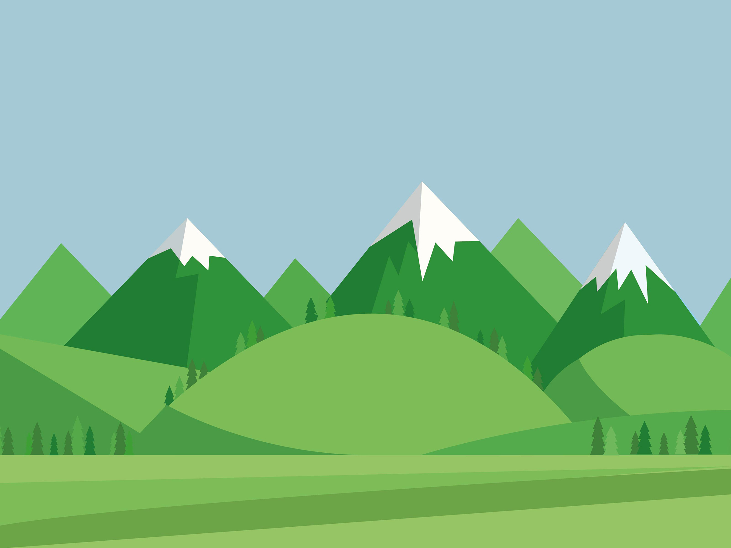 Green mountains with snowy peaks illustration