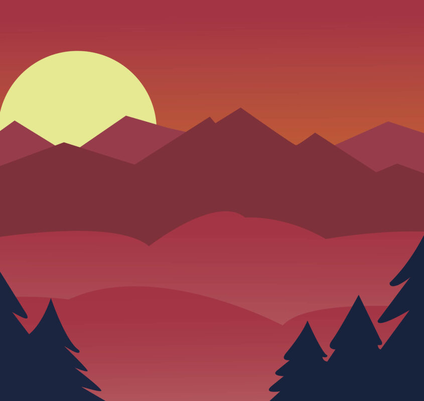 Mountains and forest silhouettes and sunset