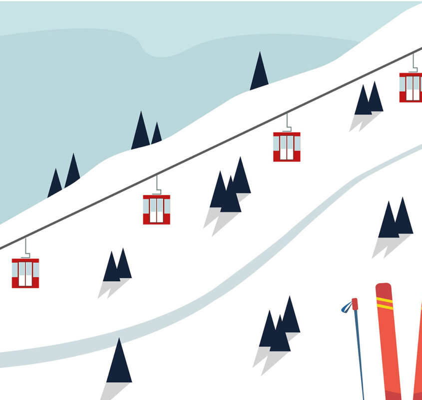 Mountain skiing routes and skis, winter landscape illustration