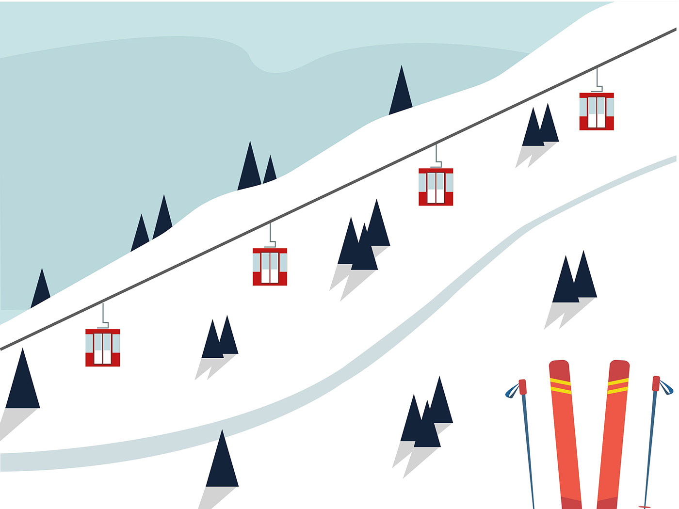 Mountain skiing routes and skis, winter landscape illustration