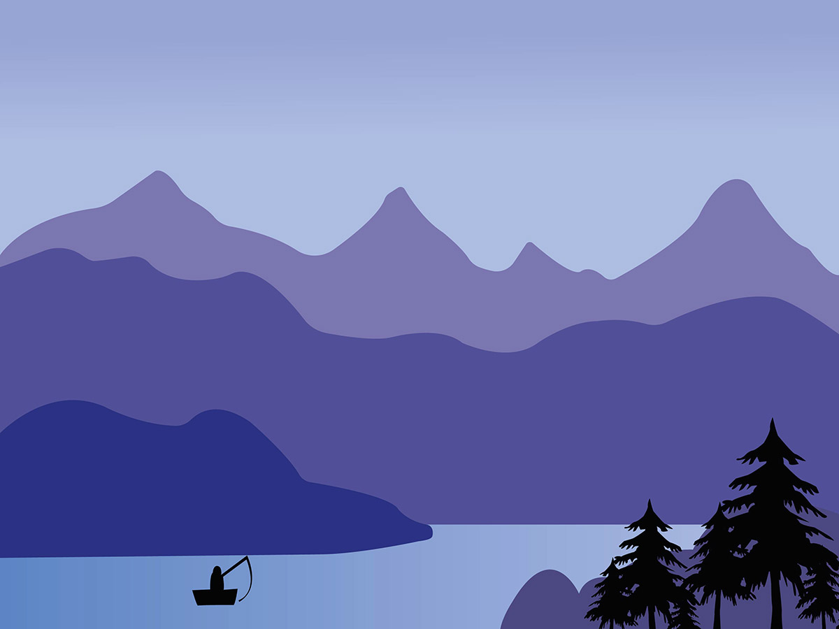 Premium illustration of the landscape, mountains and fisher in the lake