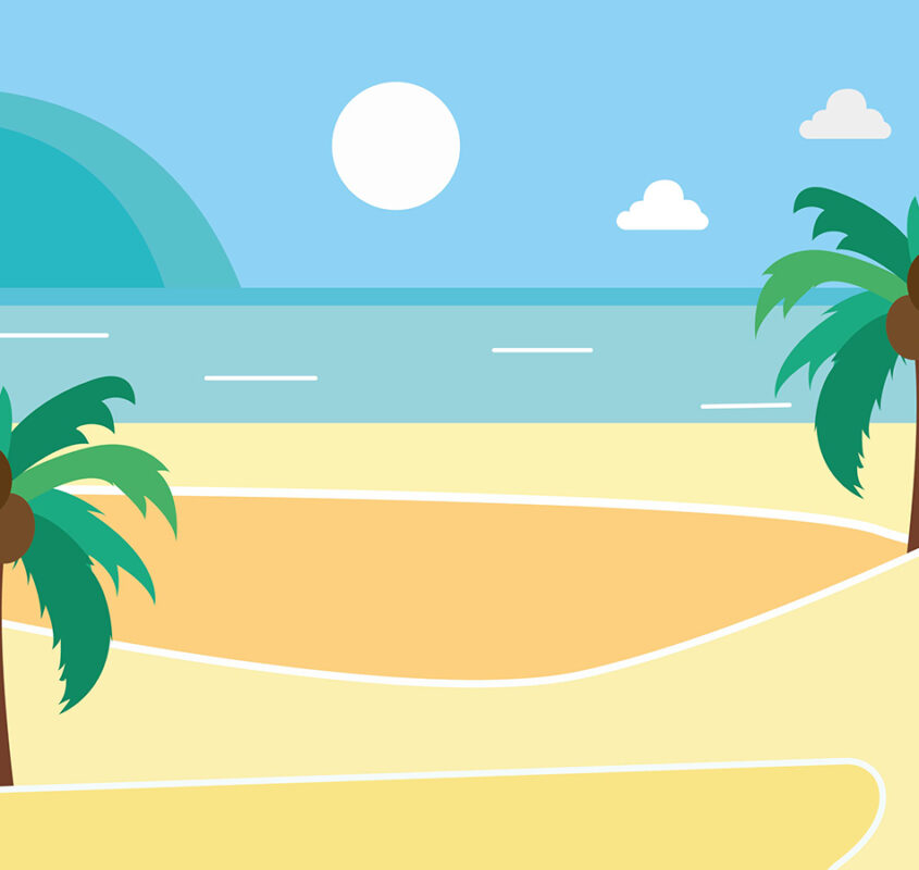 flat cartoon illustration of the beach with palms