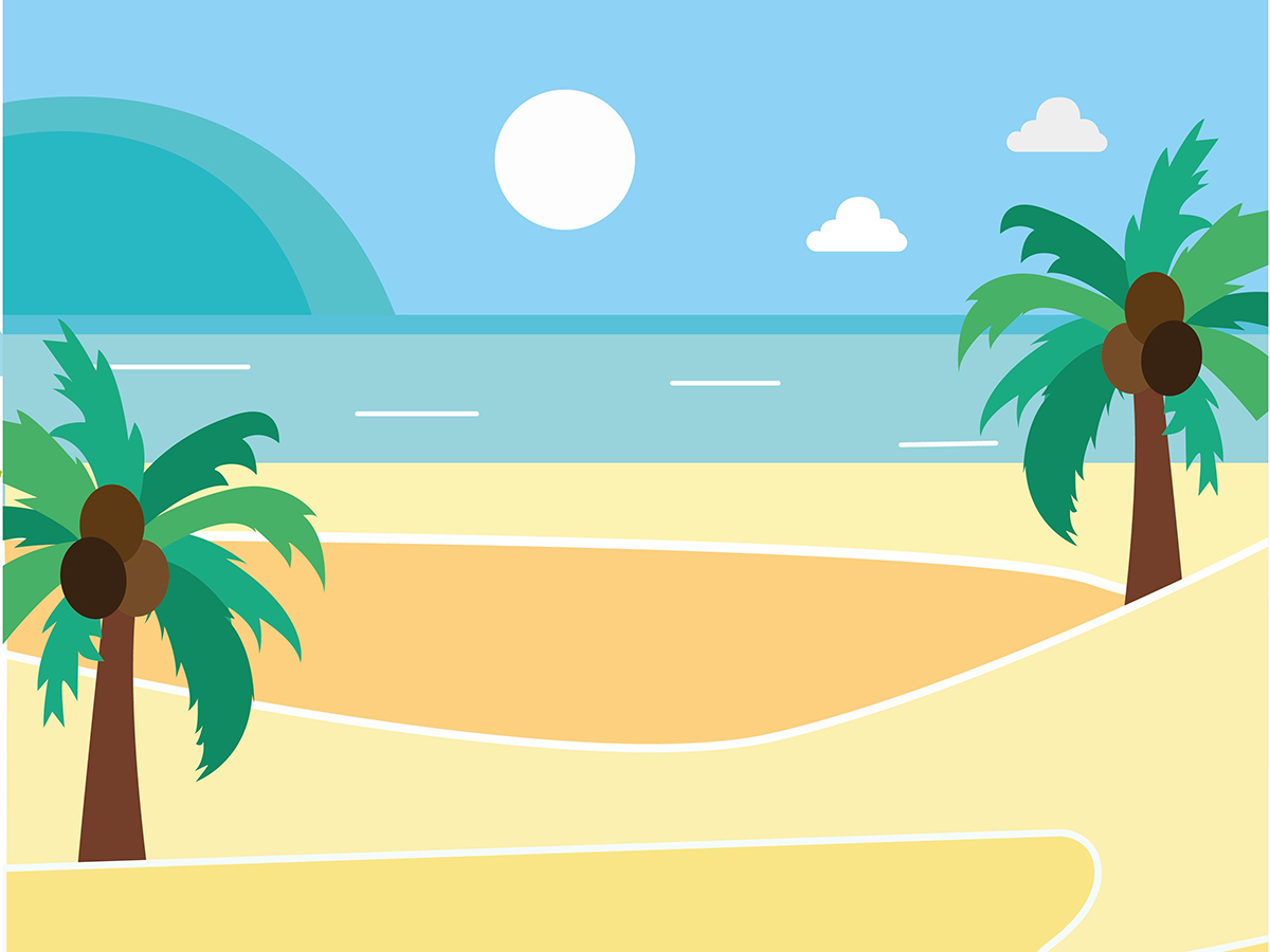 flat cartoon illustration of the beach with palms