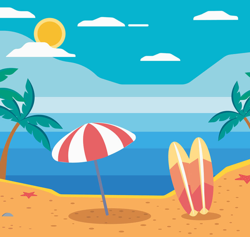 Beach illustration with umbrella, surfing board and palms
