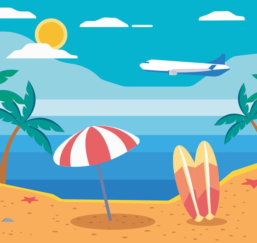 Beach illustration with umbrella, surfing board, airplane and palms