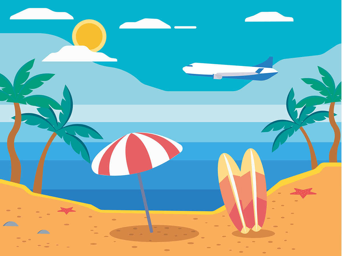 Beach illustration with umbrella, surfing board, airplane and palms