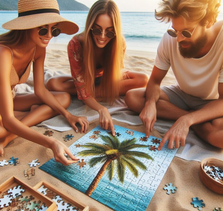 Friends collecting jigsaw puzzle at the beach