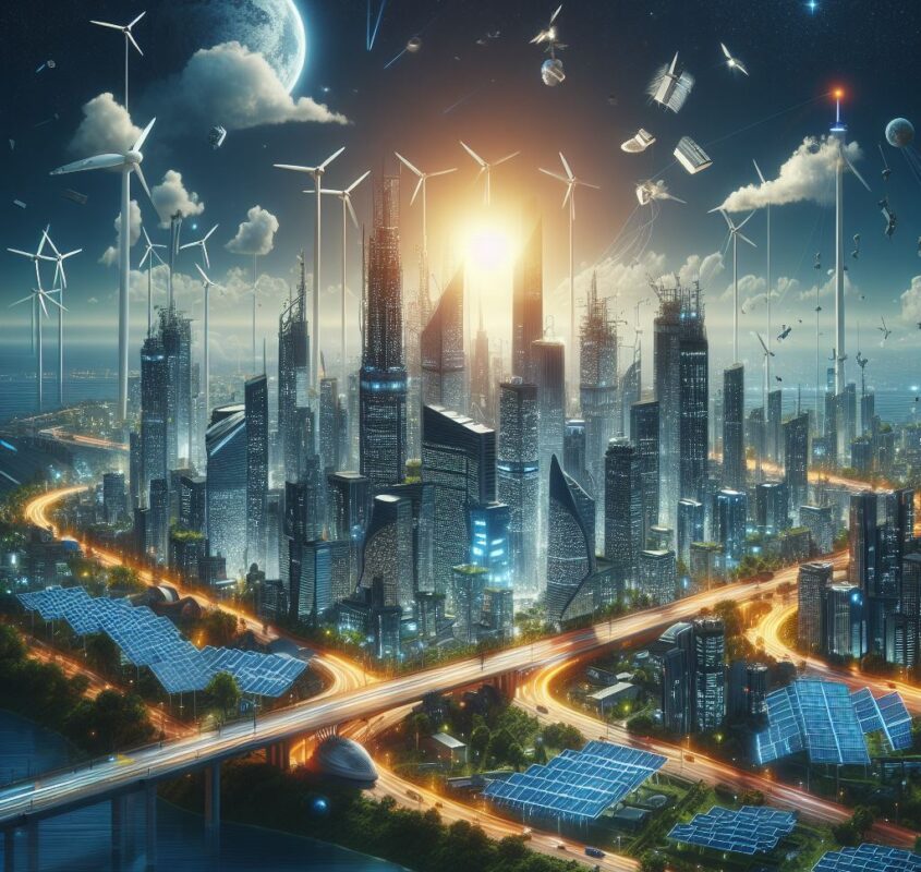 City of the future with solar systems and wind farms