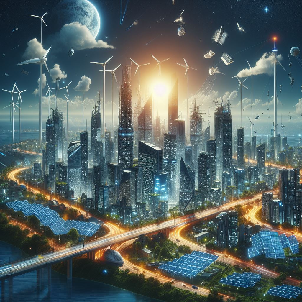 City of the future with solar systems and wind farms