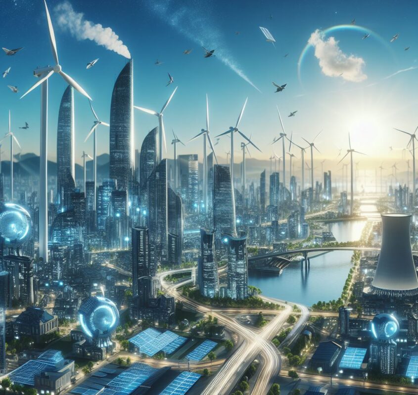 City of the future with wind turbines and solar panels