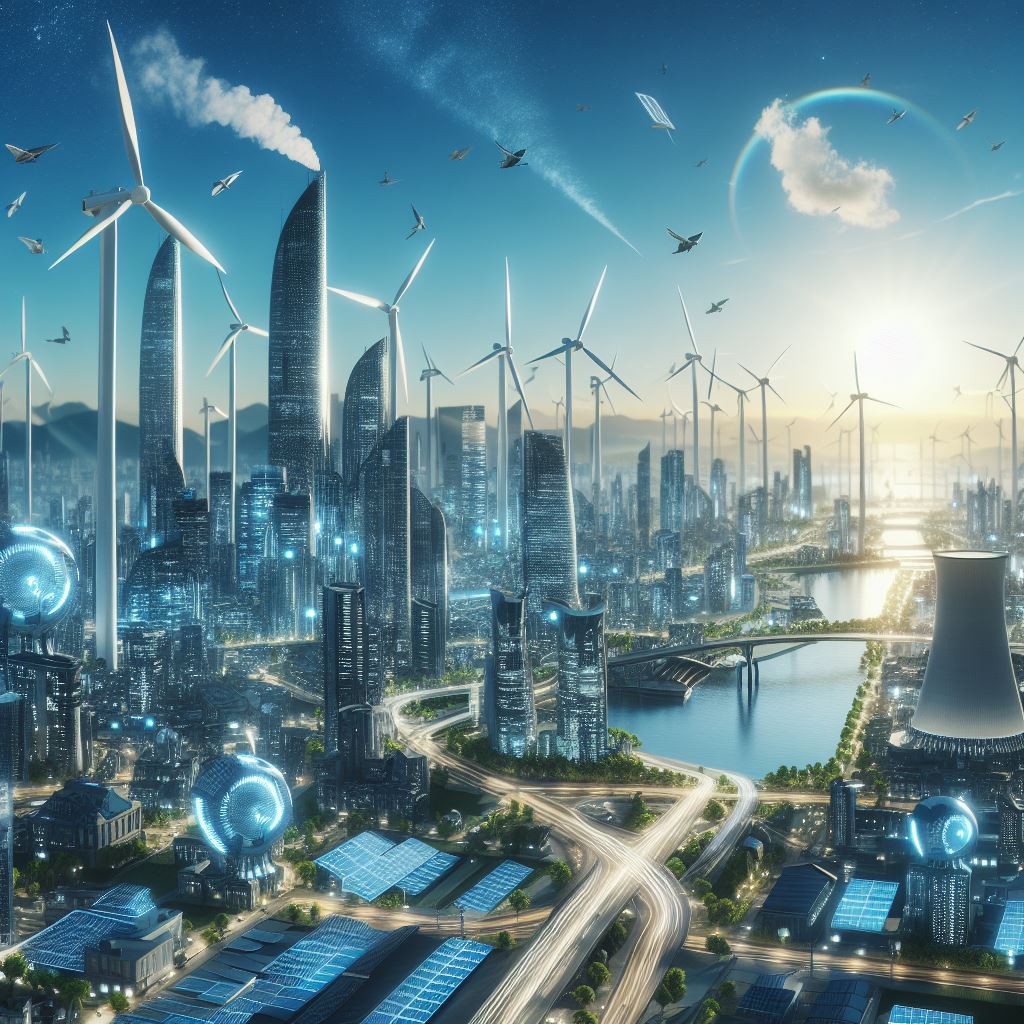 City of the future with wind turbines and solar panels
