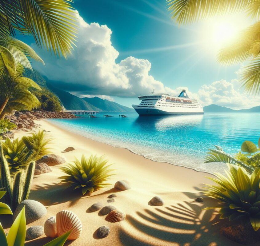 Exotic beach and ferry in the sea.