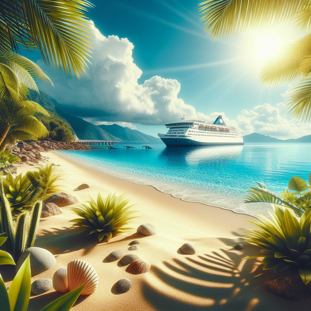 Exotic beach and ferry in the sea.