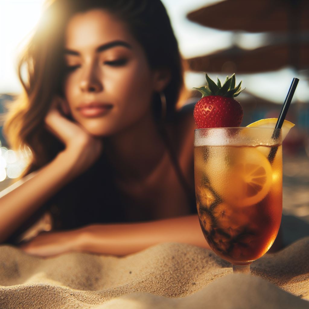 Closeup shot of the female lying on the sands with a cocktail in the beach. Image generated by AI.