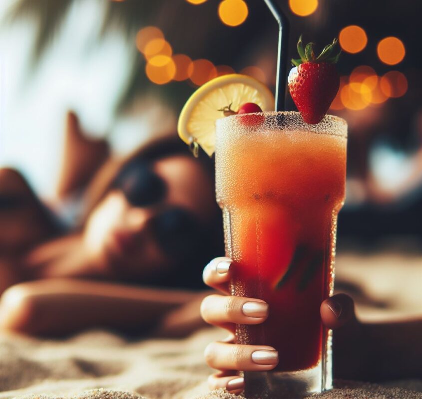 Closeup shot of the female hands holding a cocktail in the beach.